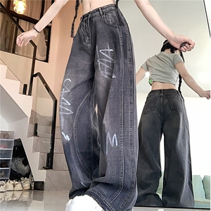 D9029-P58美式高街重工男女涂鸦牛仔裤秋季宽松阔腿裤-网图现货图片