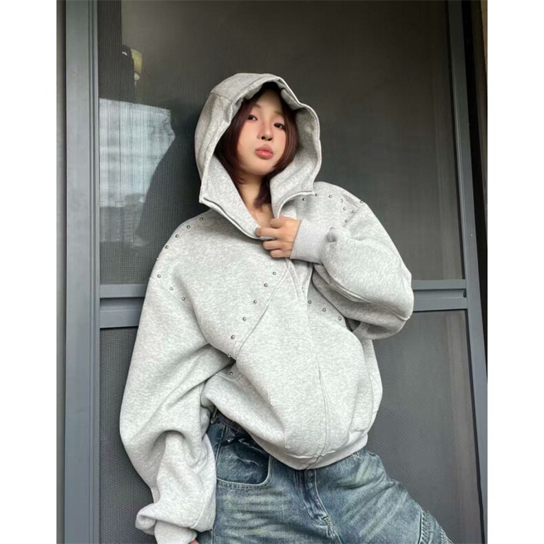 抖音得物高品质二开26春装美式高街铆钉拼接纯色开衫卫衣外套W122,女装短外套,电商A486