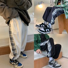 秋季玉米粒华夫格贴标抽绳格纹拼接休闲裤XZ604-KP43-P55控68，男装休闲裤，星座604