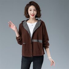 时尚百搭千鸟格拼接连帽外套显瘦保暖冬装女装短款上衣，女装短外套，余墨