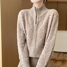 秋冬新款菱格毛巾绣开衫时尚百搭慵懒风，女装针织衫/毛衣，优麦羊绒（原洪叶羊绒）