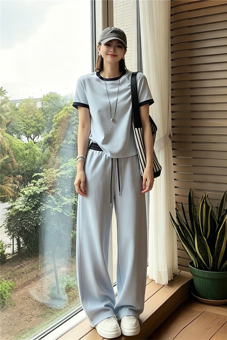 女夏季新款时尚运动套装宽松显瘦圆领拼接短袖上衣阔腿长裤两件套,女装套装/套裙,江南
