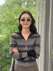 时尚新款条纹开衫女翻领纯色毛衣修身拉链针织外套图片
