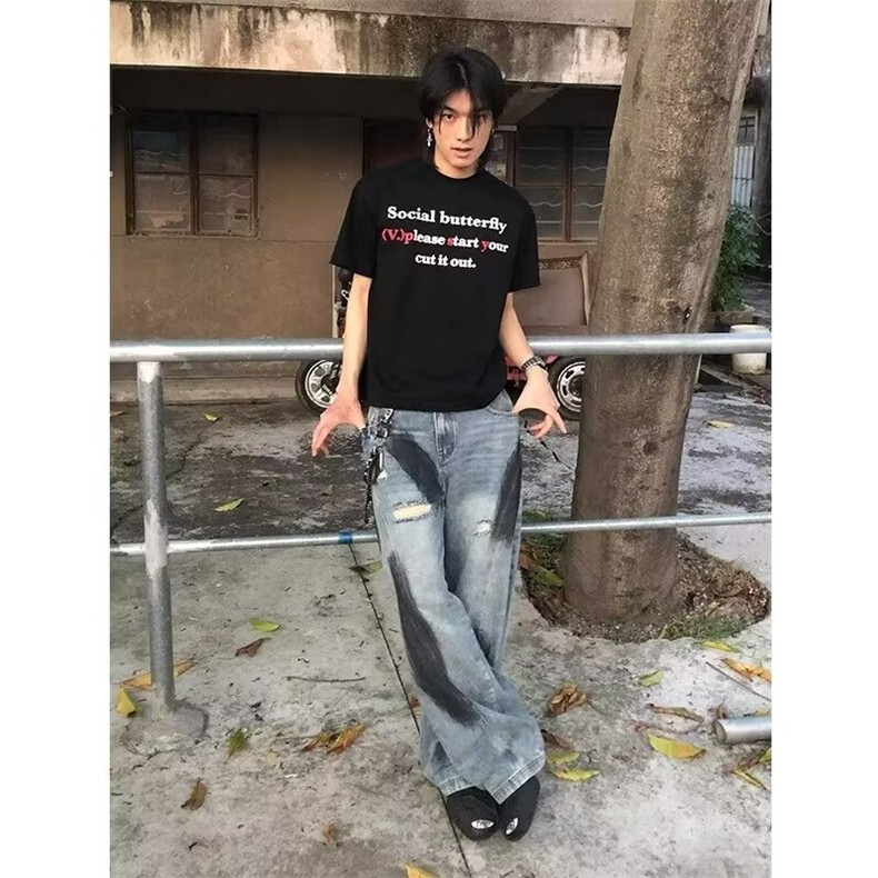复古做旧宽松破洞牛仔裤男女春季新款高街阔腿拖地直筒裤NZB43,男装牛仔裤,星座516A