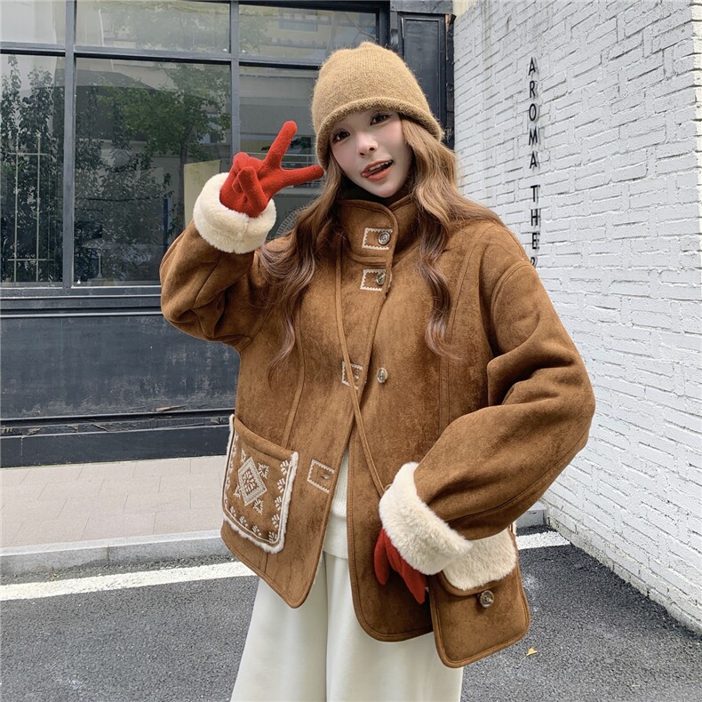 现货新款绣花加厚皮毛一体外套2D035-25105P205K308,女装短外套,2D035
