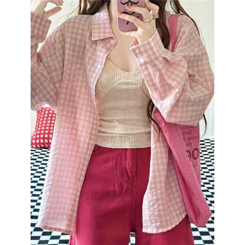 韩系Polo领粉色格子长袖衬衫女早秋季少女感宽松慵懒薄款开衫衬衣,男装衬衫,星座1210-1