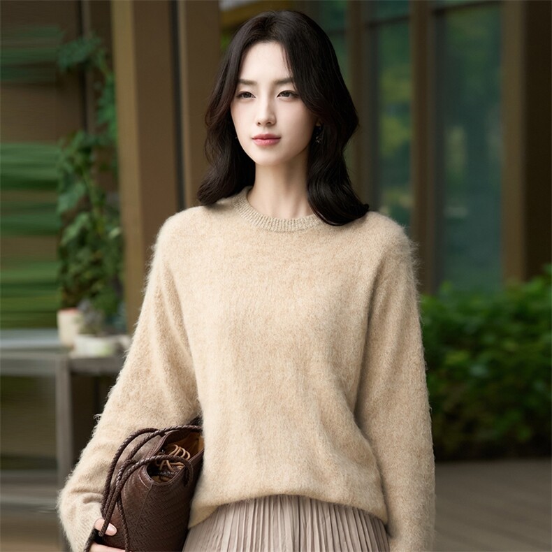 慵懒风圆领拉绒毛衣女2025新款秋冬宽松加厚针织衫百搭上衣羊毛衫图片