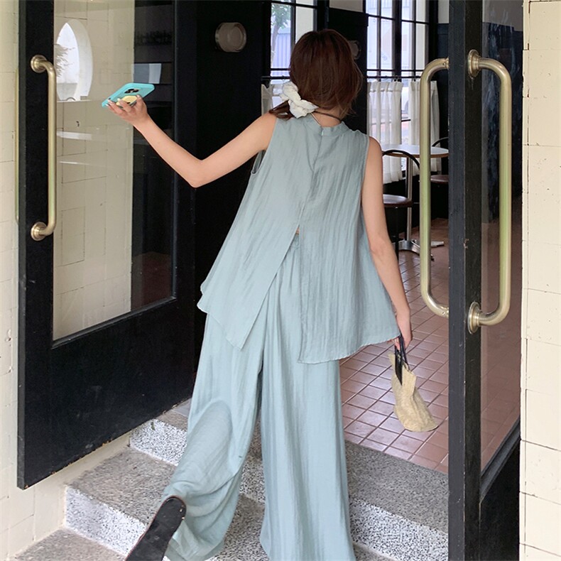 巨好看的夏装套装慵懒风气质宽松无袖背心上衣休闲阔腿裤两件套女,女装套装/套裙,浙宝305