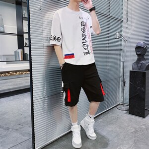 夏季新款短袖T恤五分裤套装运动休闲宽松潮流两件套男装F178P70图片