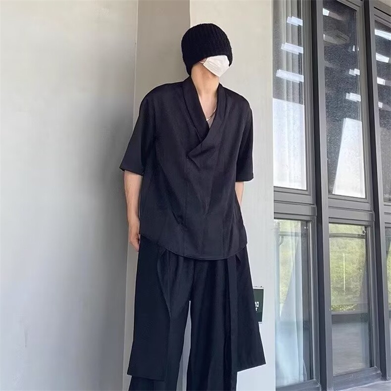 山本耀司风短袖衬衫男夏季新款居家茶服发型师潮牌垂感v领上衣潮,男装T恤,星座506A