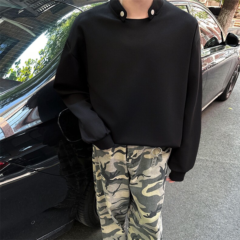 亲肤舒适设计高街痞帅潮男打底衫长袖垫肩小众机车卫衣T恤P50,男装T恤,电商B319