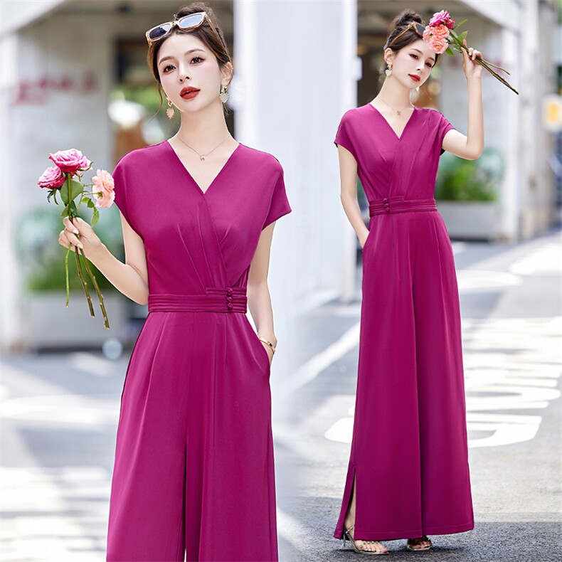 【喜妙】2025气质高级感通勤短袖收腰绑带修身紫色连衣裙女D1305，女装连体裤，布芭啦