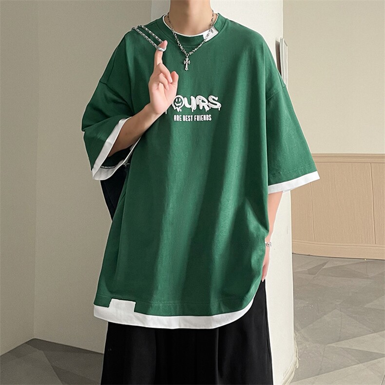 B225-T9358-P40-X55-全棉-撞色-印花重磅假两件印花短袖T恤日系,男装T恤,电商B225