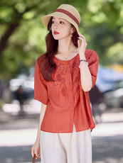 现货！夏季新款2025套装女简约时尚优雅气质减龄天丝麻料刺绣上衣，女装衬衫，魅影