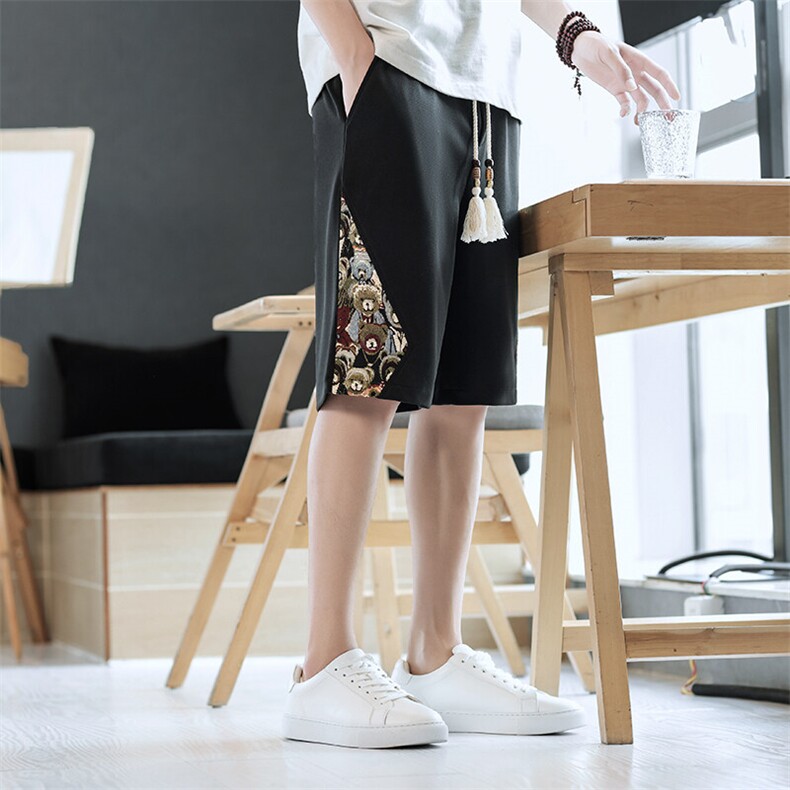 男士短裤直筒夏季运动裤刺绣拼接小熊休闲裤潮流A266-KZ508-P28，男装休闲裤，电商A266