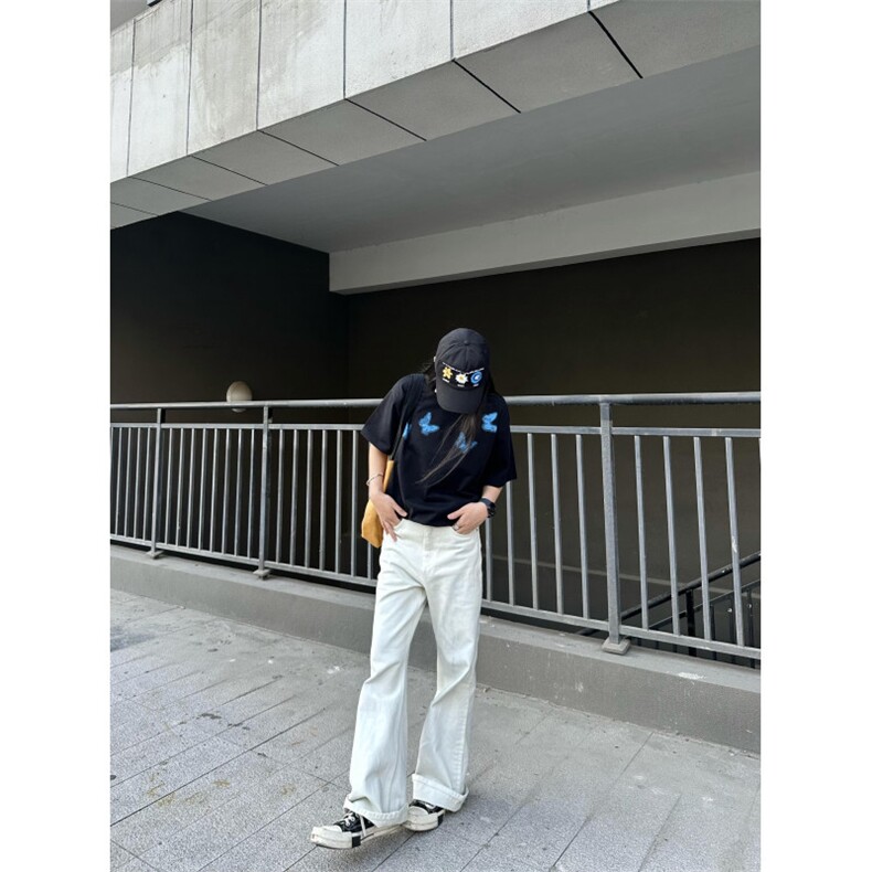 网络图现货美式重磅纯棉潮流设计蝴蝶印花男女短袖T恤JDT396-P35,男装T恤,星座715-7