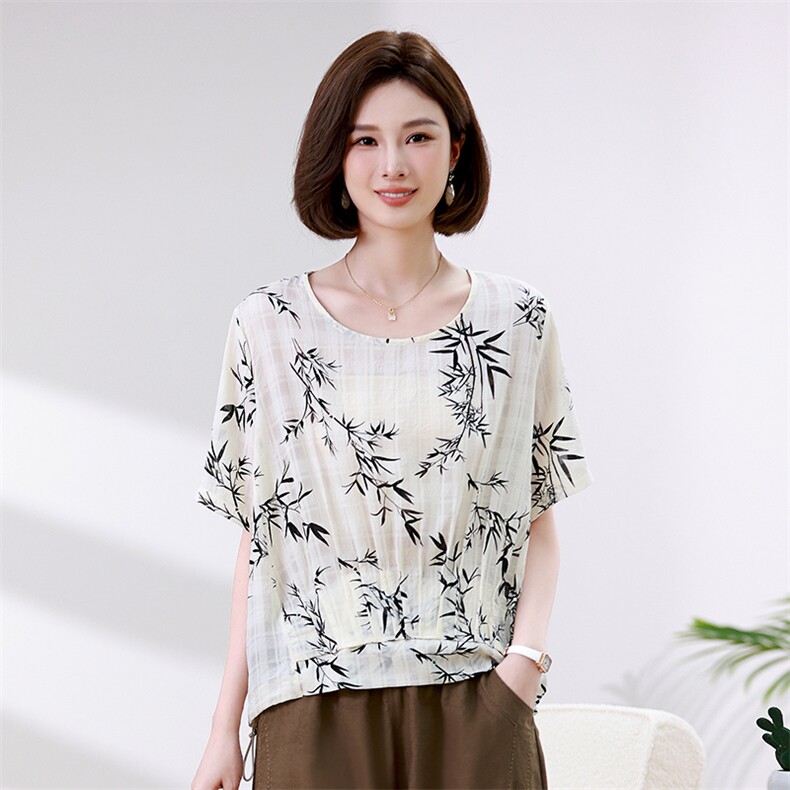时尚竹叶印花宽松短袖T恤女夏季新款韩版百搭显瘦上衣,女装衬衫,叶笙衣