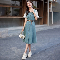 韩版拼接牛仔连衣裙女2024夏新款方领收腰设计小个子通勤长裙子，女装连衣裙，浙宝029