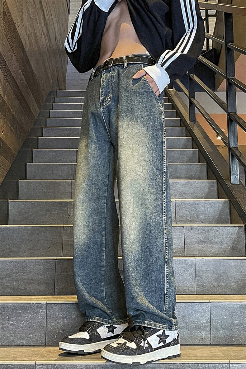 美式高街牛仔裤直筒设计情侣小众百搭宽松夏大码长裤nz112p45,男装牛仔裤,电商D315