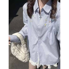 花朵刺绣蓝色条纹衬衫女叠穿宽松遮肉长袖衬衣上衣潮513CS1906P35，男装衬衫，星座513