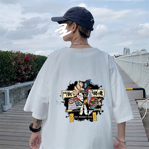 YT26016-P30 亚麻短袖t恤男大码五分袖男宽松七分袖 港风模特图片
