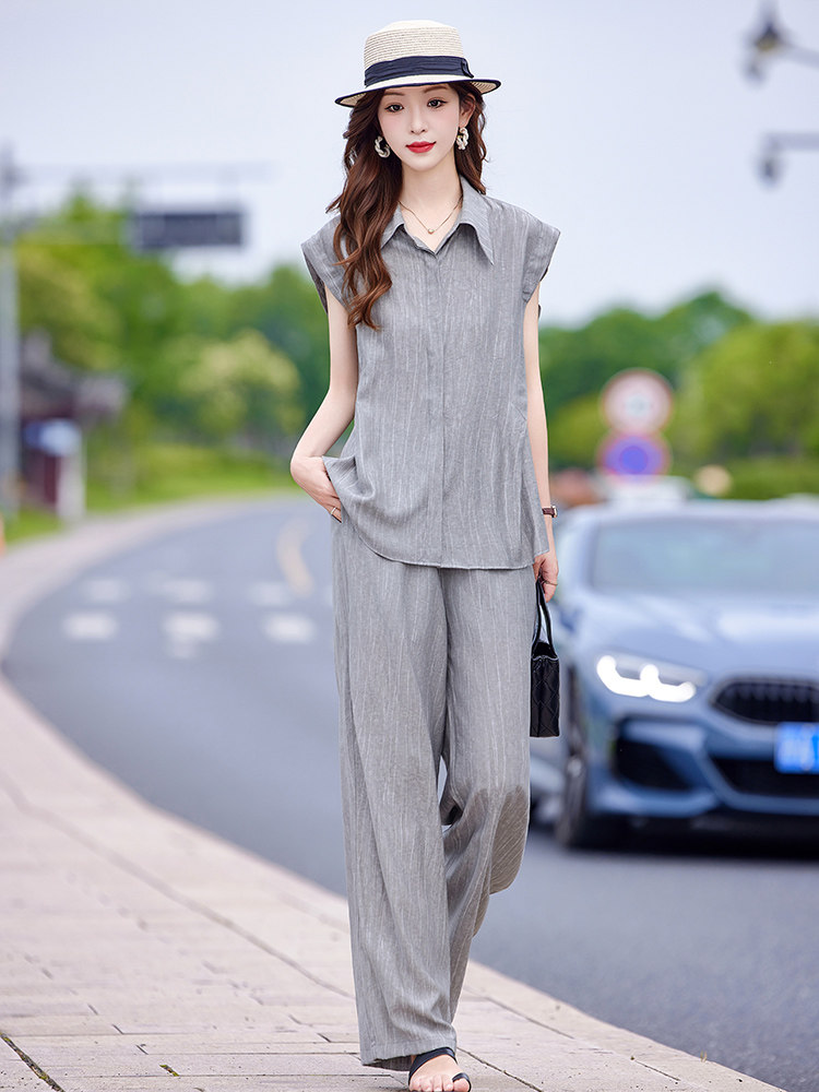 老钱风灰色时尚套装女2025夏季新款时尚通勤翻领衬衫阔腿裤两件套,女装套装/套裙,靓衣阁