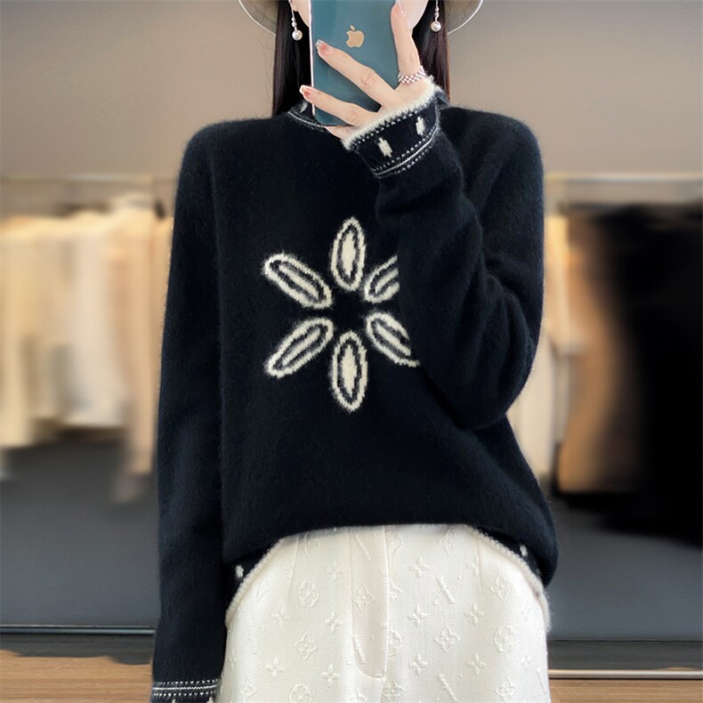 2025年秋季新款百搭圆领提花加厚中间花朵,女装羊毛衫,新胜羊绒