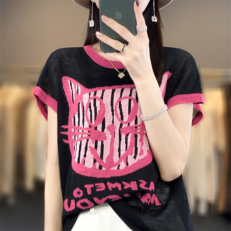 冰丝针织衫女t恤短袖薄款夏季2025新款小个子宽松设计感小众上衣,女装T恤,佳绒包芯纱店