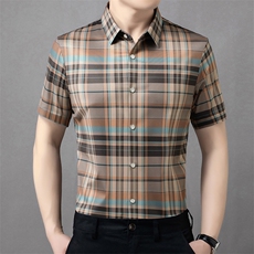 新款男士休闲短袖衬衫男格子免烫时尚品质商务宽松潮服上衣，男装衬衫，钱塘6003（原4033）