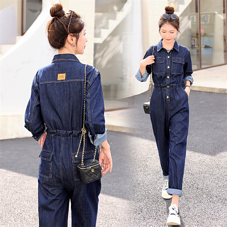 2024春季新款简约时尚个性气质翻领抽绳收腰显瘦牛仔连体长裤，女装连体裤，瑶迪依秀