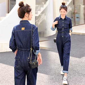 2024春季新款简约时尚个性气质翻领抽绳收腰显瘦牛仔连体长裤,女装连体裤,瑶迪依秀