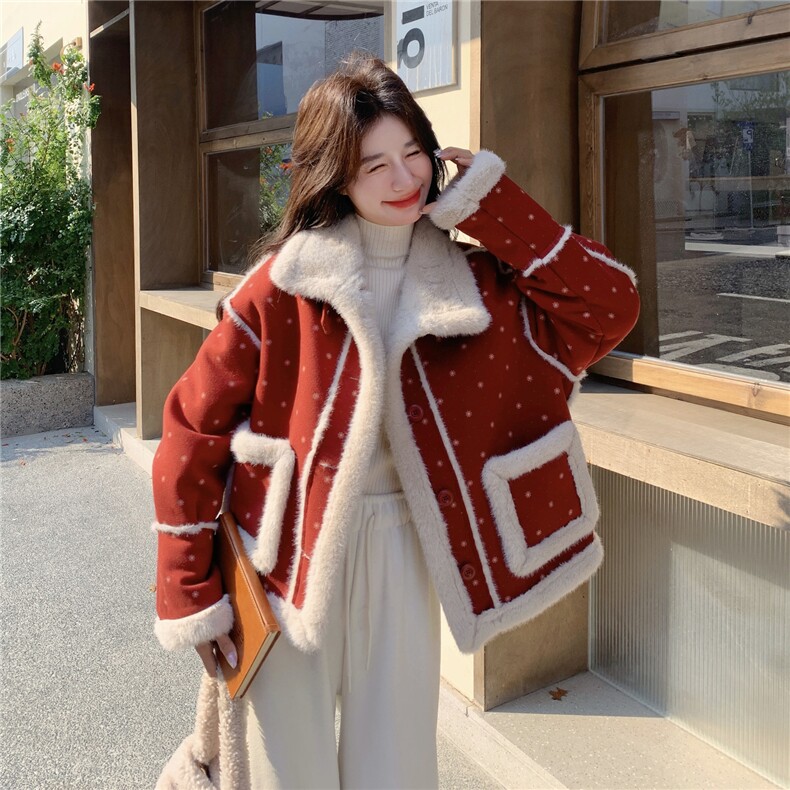 红色麂皮绒印花皮毛一体加厚棉服H8380P215K328,女装棉衣/棉服,红龙果