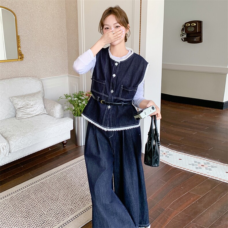 蕾丝拼接牛仔马甲背心套装女2025春季新款九分阔腿裤时尚三件套,女装套装/套裙,2C239