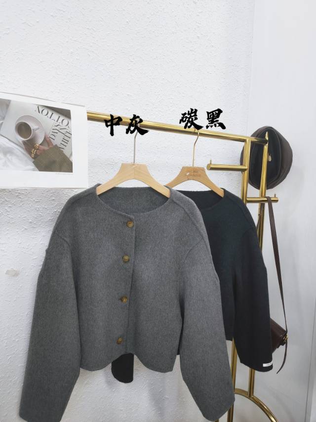 高品质韩系圆领单排扣短款双面羊绒大衣外套,女装羊绒大衣,依嘟服饰