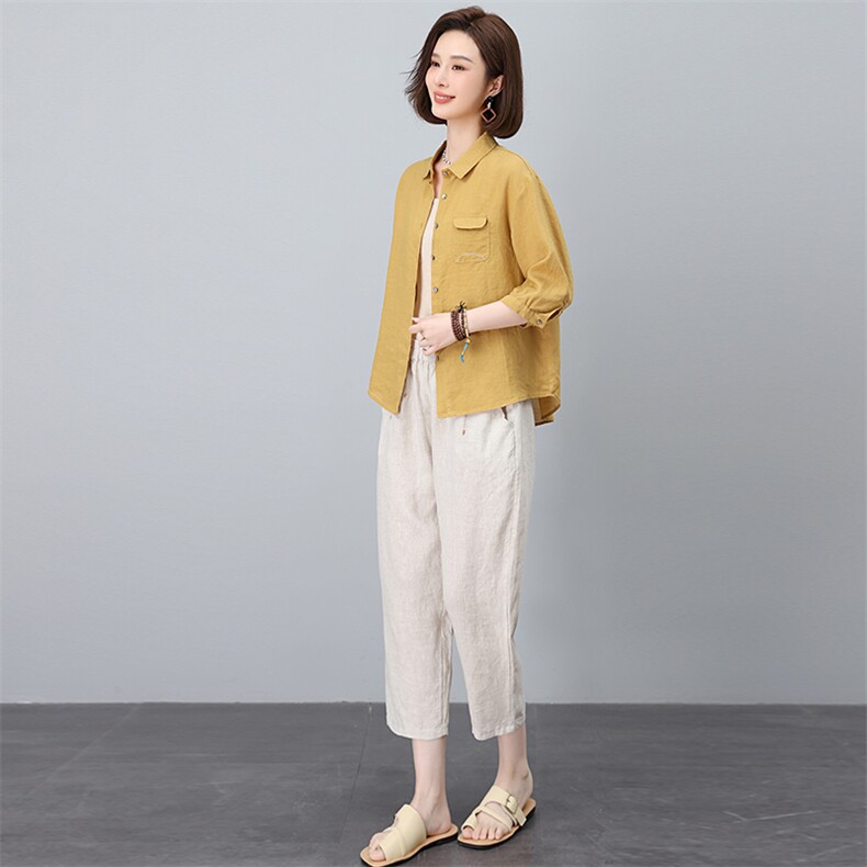 棉麻休闲套装女夏季新款妈妈洋气高端夏装时尚宽松苎麻裤子两件套,女装套装/套裙,涵誉