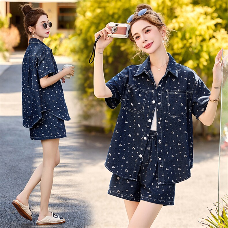 休闲复古印花牛仔套装女2025夏季新款短袖衬衫洋气减龄短裤两件套，女装套装/套裙，罗腾
