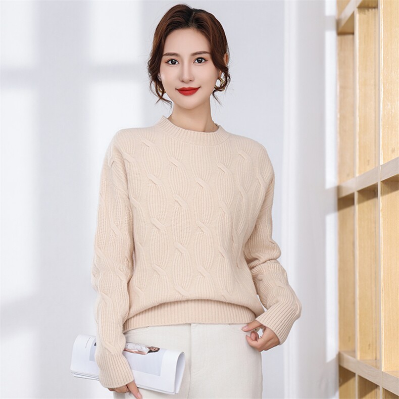 羊毛圆领绞花女士短款毛衣女秋冬新品,女装羊毛衫,飞艺羊绒