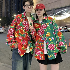 PC203情侣休闲东北大花拼接长袖衬衫外套男女宽松寸衣汉服演出服，男装衬衫，星座115A(原星座507）