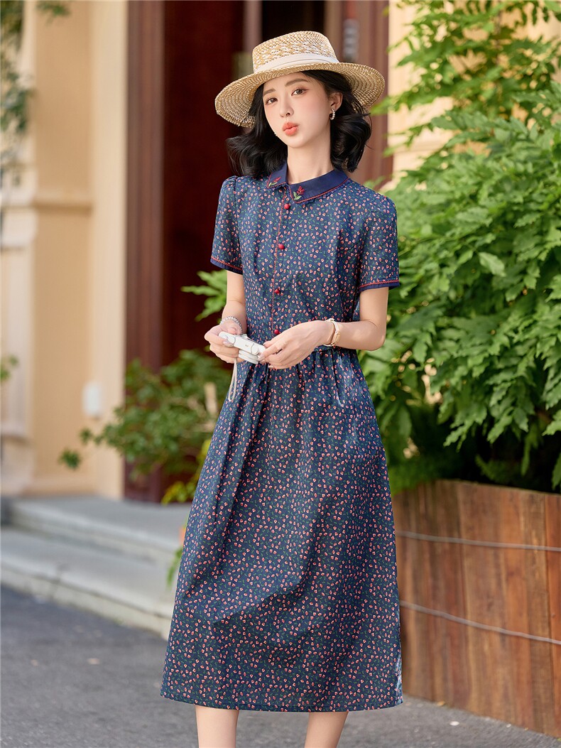 田园风斜领碎花刺绣连衣裙女春夏收腰显瘦中长裙（细节图颜色为）,女装连衣裙,水衣源