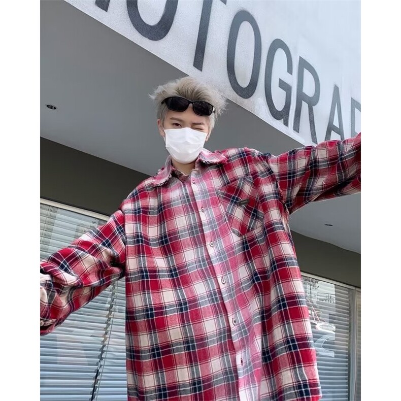 春款美式复古格子衬衫男士春秋新款潮流百搭拼色长袖衬衣外套,男装衬衫,星座1013