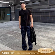 黑蓝色格子裤男女显腿长休闲运动裤美式高街直筒微喇裤，女装休闲裤，四季星座505