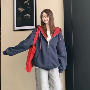 抖音得物二开美式高街重磅结构双层撞色连帽卫衣开衫外套W116图片