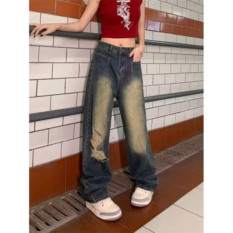 美式vibe复古破洞牛仔裤男女高街嘻哈宽松做旧长裤K6072-P40网图，女装牛仔裤，电商B245