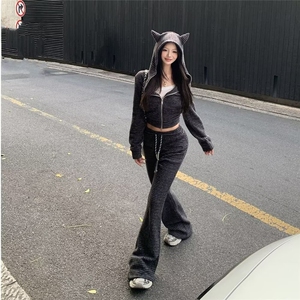 休闲运动套装女2025春季韩版慵懒风灰色连帽卫衣外套阔腿裤两件套图片