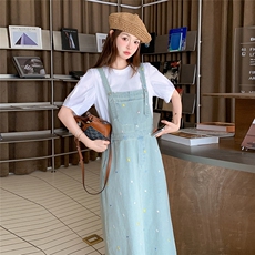 复古刺绣牛仔背带裙连衣裙女夏2025新款学院风两件套减龄甜美少女，女装套装/套裙，慧尚2-185