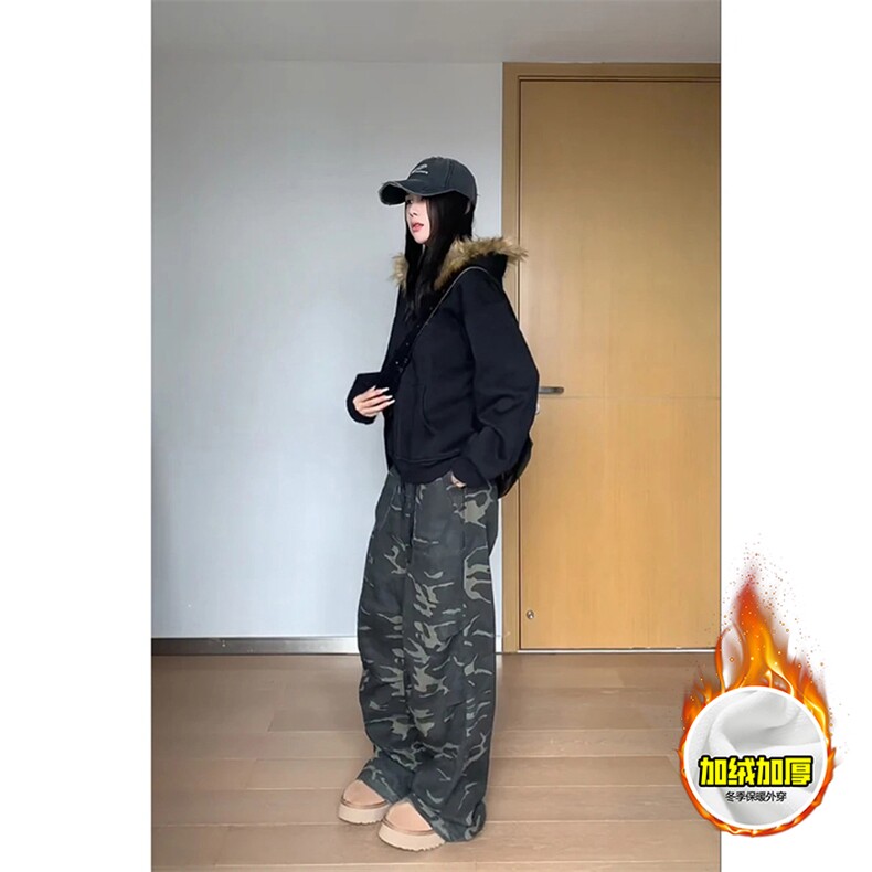 480G重磅加绒硬挺boxy秋冬美式高街超大毛领座山雕连帽卫衣厚外套,女装短外套,电商A486