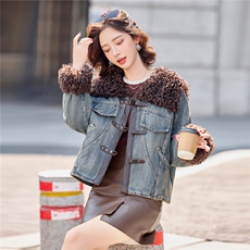 独特超好看羊羔毛拼接牛仔棉衣女2025冬新款夹棉加厚保暖棉服外套，女装短外套，印象茜