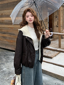 韩版针织连帽假两件短款羽绒服女2025冬装保暖皮衣夹克外套上衣潮图片