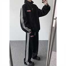 8XL-M条纹撞色开衫新年红卫衣运动套装潮牌运动服校园风TZ114P118，男装休闲套装，电商D206-1