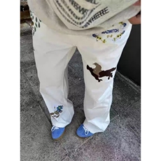 牛仔裤男春秋季潮牌宽松直筒港风裤子高街印花学生拖地阔腿长裤子，男装牛仔裤，四季星座505